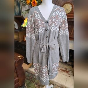 NWOT Lucky Brand Gray Aztec Belted Long Sleeve Sweater Dress Women’s XL
